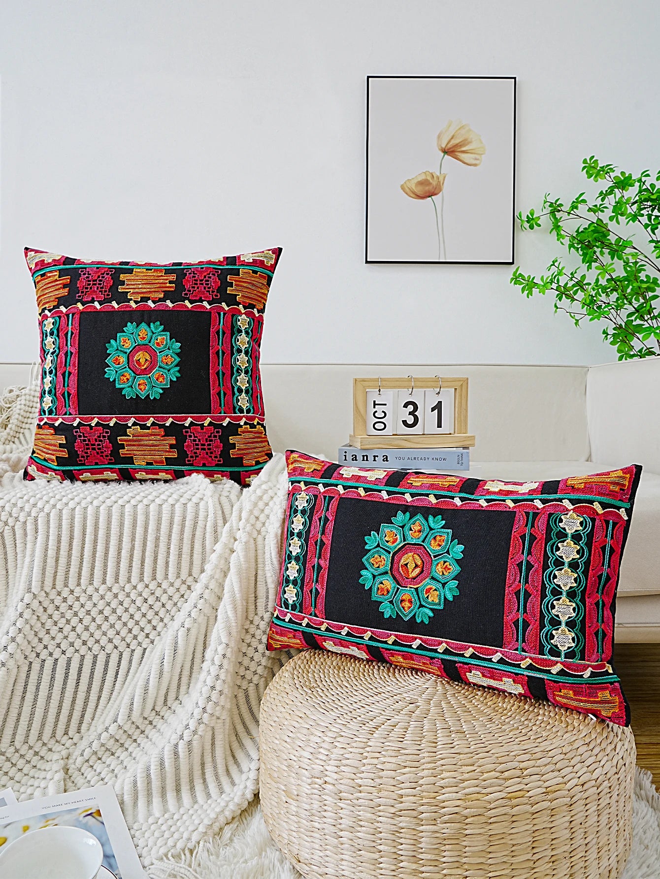 Black Cushion Cover With Colourful Ethnic Style Embroidery