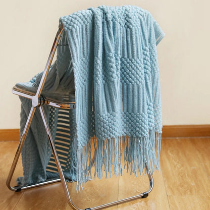 Light Blue Knitted Blanket / Sofa Throw with Modern Pattern, Texture and Tassels