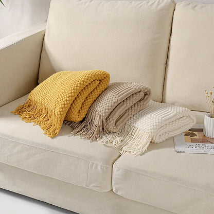 Knitted Blanket / Sofa Throw with Modern Pattern, Texture and Tassels