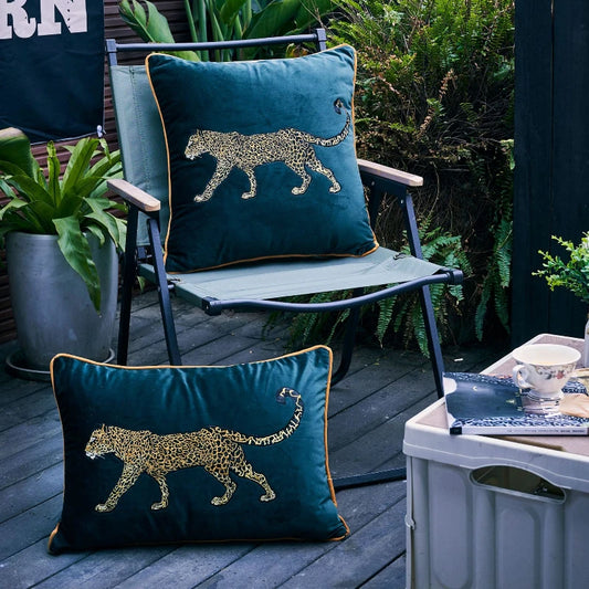 Stylish Leopard Embroidered Velvet Cushion Covers With Piping