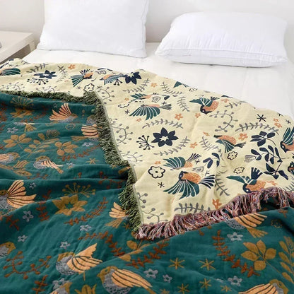 Petrolblue Bird And Floral Boho Bedspread / Sofa Throw