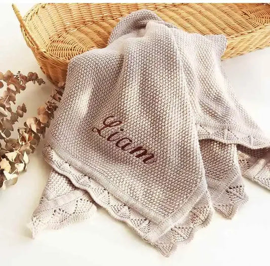 Beige Personalized Cotton Wool Blankets With Baby Name - Ruffle Edge Knit Blanket