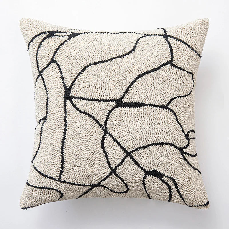 Abstract Art Embroidered Cotton Cushion Covers in Black & Off-White