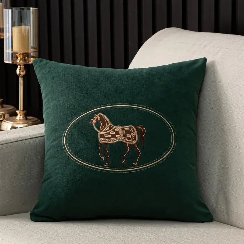 Soft Green Cushion Covers With Brown Horse Embroidered on the Front 18in x 18in