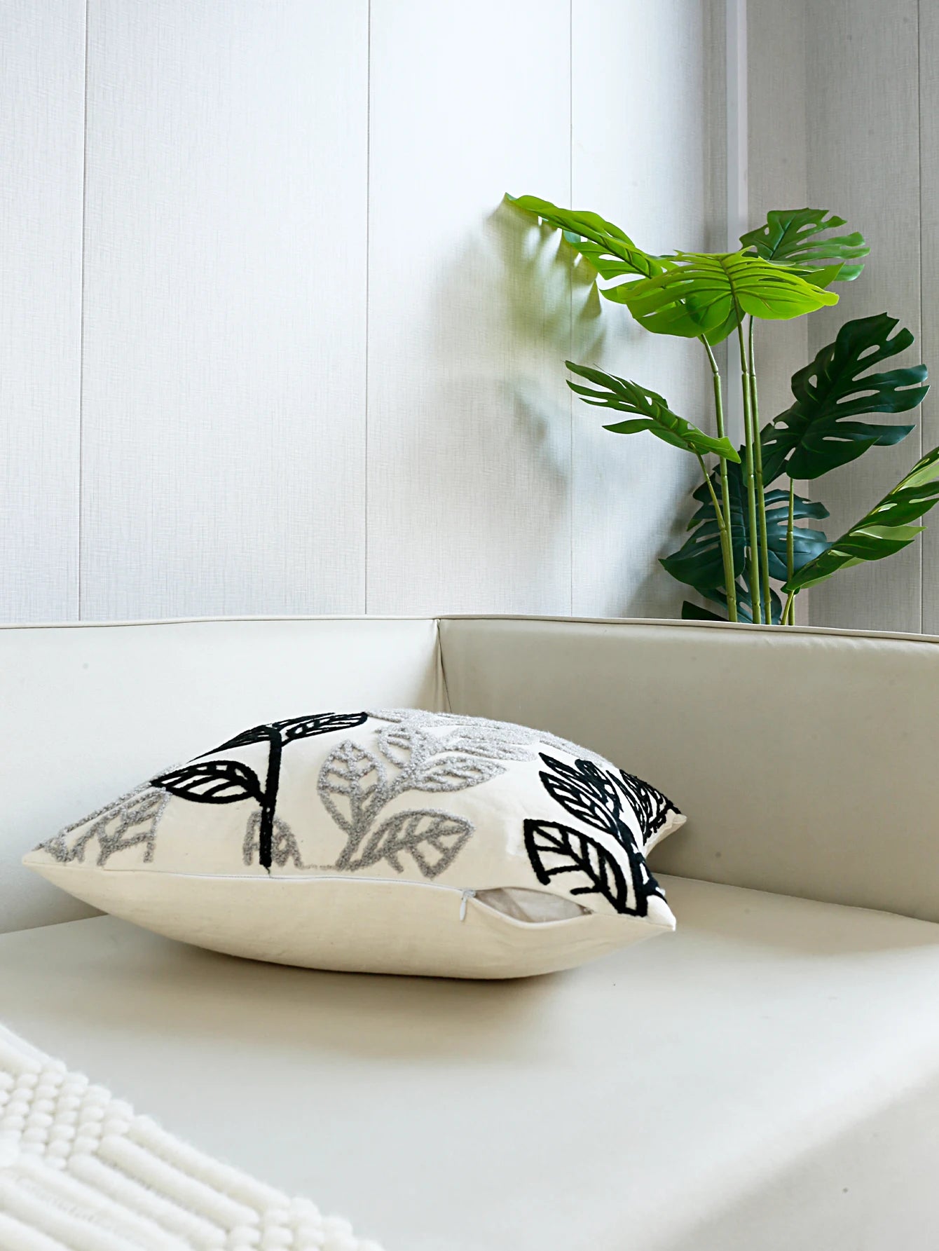 Cool Simplistic Black & Grey Embroidered Leaves on Off-White Fabric