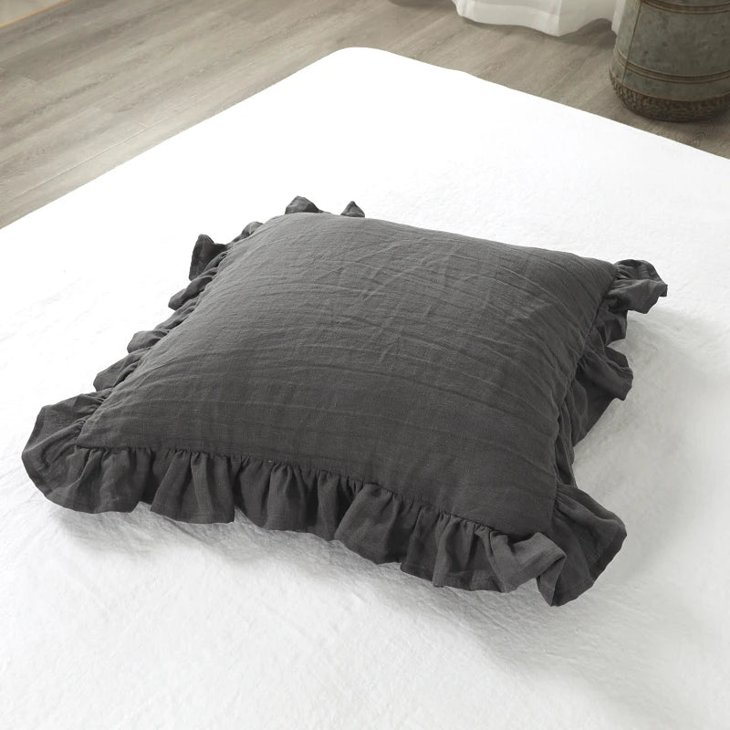 Charcoal 100% Pure Linen Ruffle Cushion Cover 