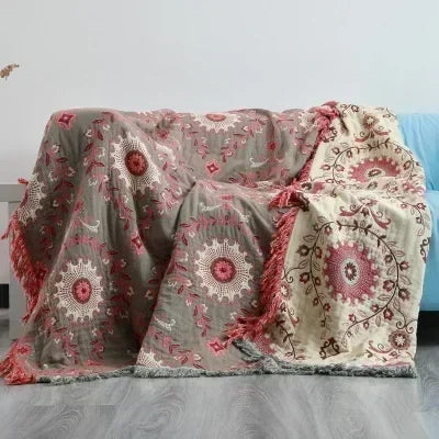 Beige and Cream Mandala Floral Cotton Bedspread / Sofa Throw