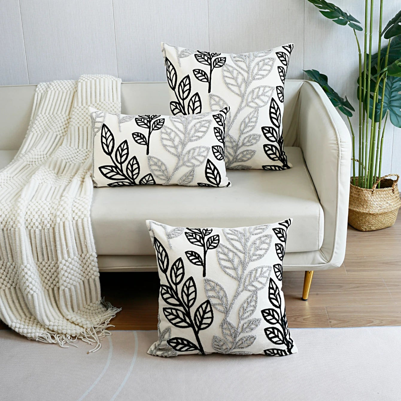 Cool Simplistic Black & Grey Embroidered Leaves on Off-White Fabric