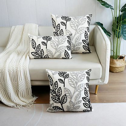 Cool Simplistic Black & Grey Embroidered Leaves on Off-White Fabric