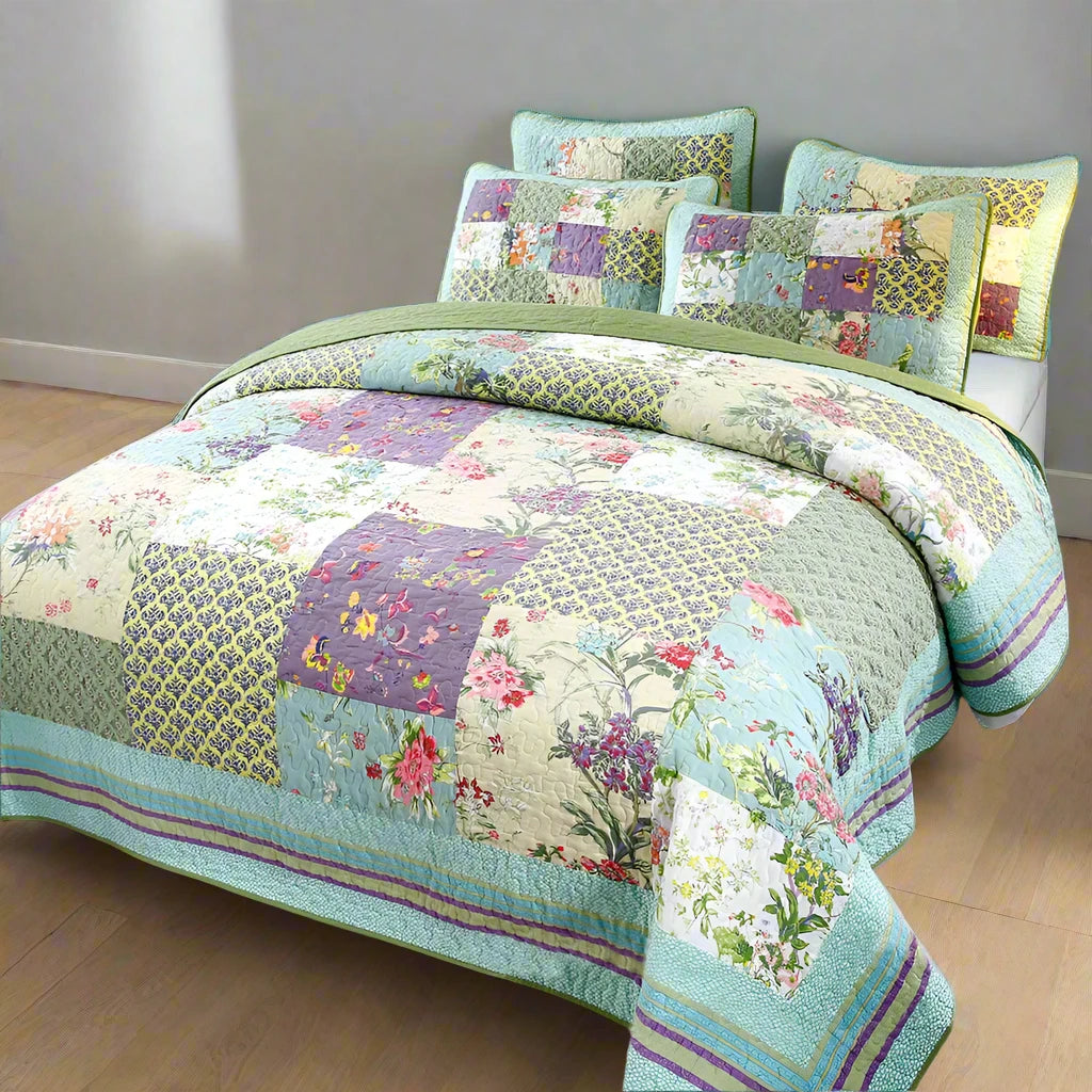 Green Vintage Style Patchwork 100% Cotton 3 Piece Bedspread Set