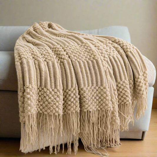 Beige Knitted Blanket / Sofa Throw with Modern Pattern, Texture and Tassels