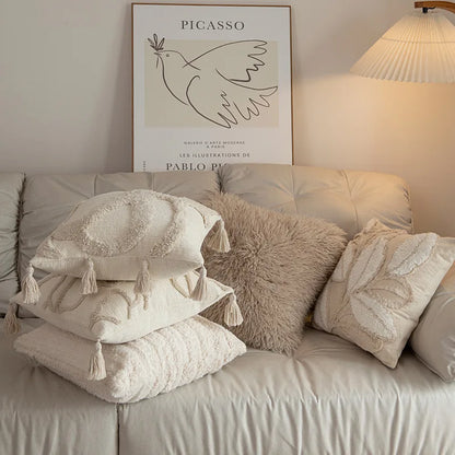 Beige & Cream Tufted and Fluffy Cushion Covers with Tassles