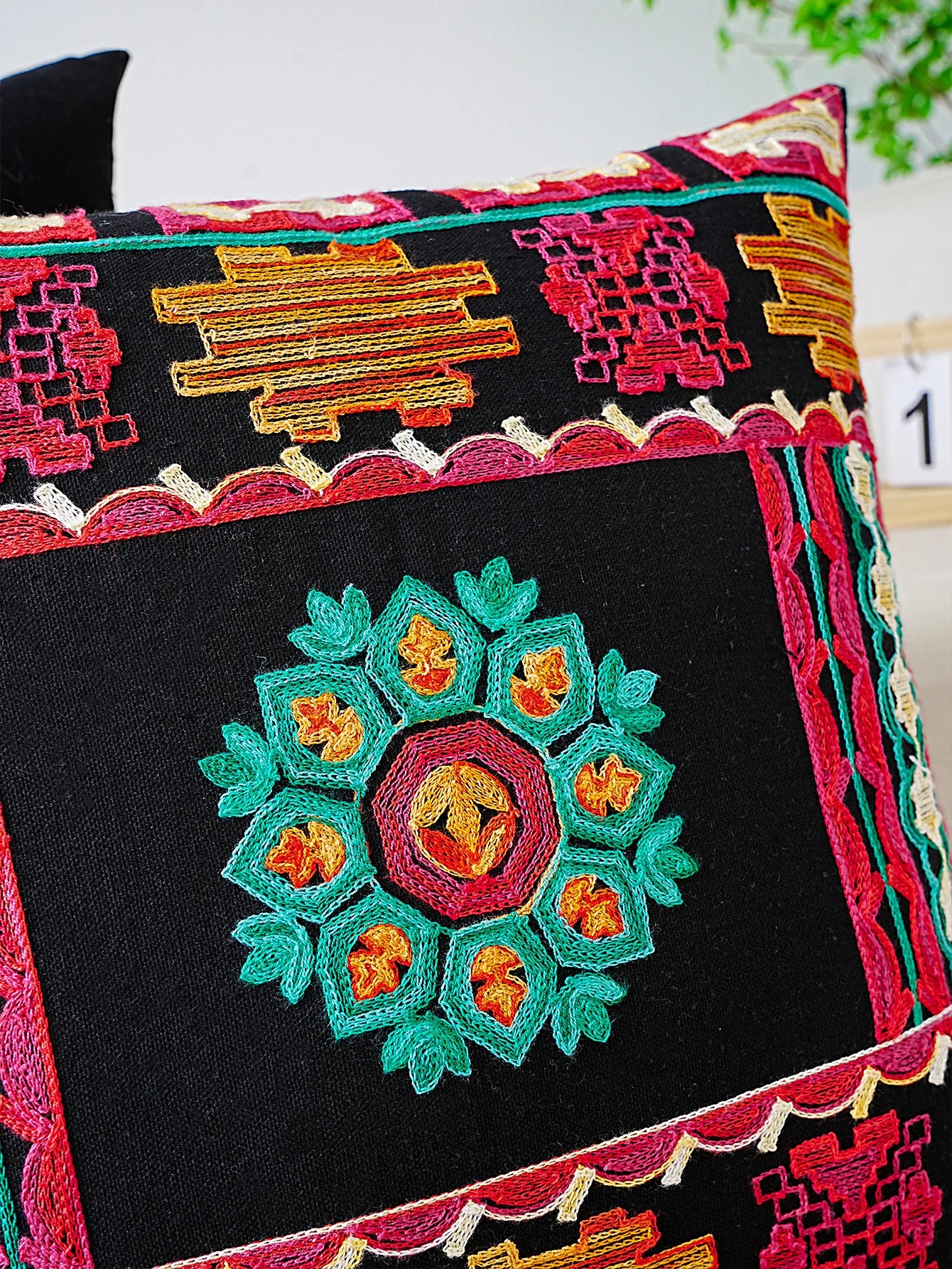 Black Cushion Cover With Colourful Ethnic Style Embroidery