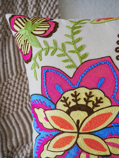 Cream Cushion Cover With Neon Bright Floral Embroidery