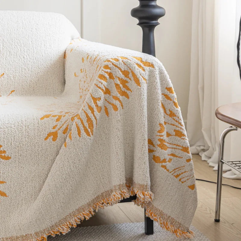 Yellow Cool Cream Sofa Throw / Bedthrow with Dandelion Patterns