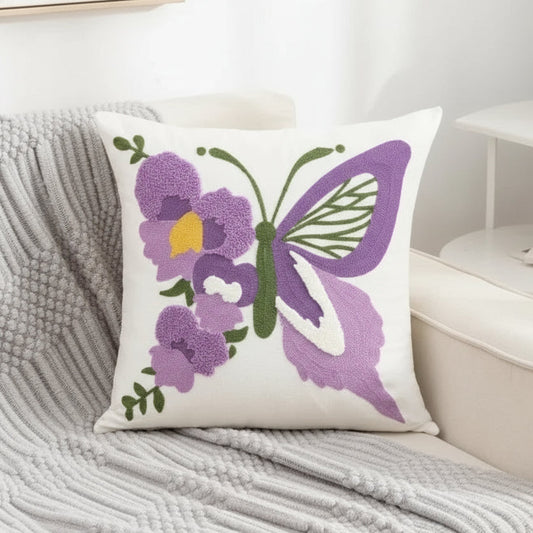 Off-White Jacquard Cushion Cover with Purpel Embroidered Butterfly 18in x 18in