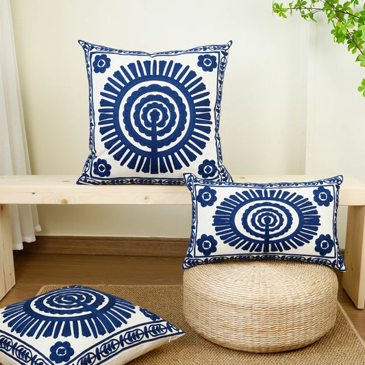 Cream & Navy Geometric Circle Embroidered Cushion Covers - 3 Sizes