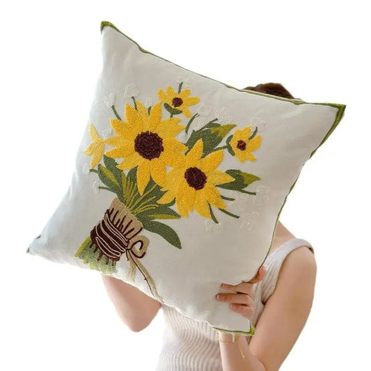 Tufted & Embroidered Floral Cushion Covers on Off-White Cotton/Linen 18inx18in