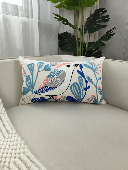 Pink and Blue Bird and Flowers Embroidered Cushion Covers - 3 Sizes