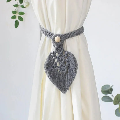 Grey Boho Macrame Cotton Curtain Tie Tassels