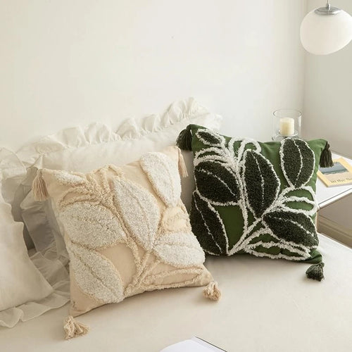 Cream and green Cute Tufted Floral Cushion Covers with Tassels