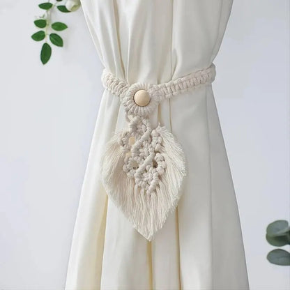 white Boho Macrame Cotton Curtain Tie Tassels