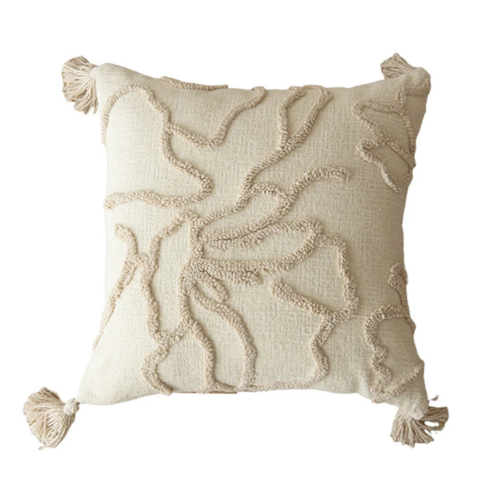 Beige & Cream Tufted and Fluffy Cushion Covers with Tassles