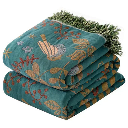 Petrolblue Bird And Floral Boho Bedspread / Sofa Throw