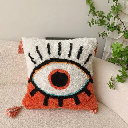 Bright Colour Devil's Eye Tufted Embroidered Cushion Covers With Tassels
