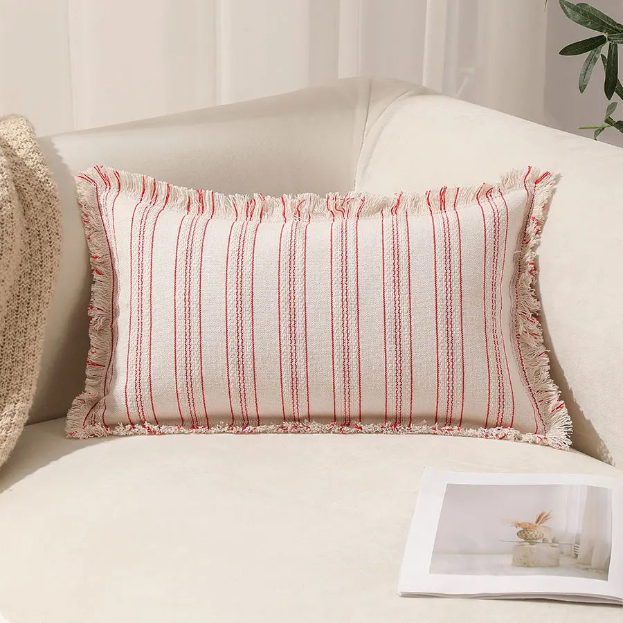 Boho Vintage Style Striped Cushion Covers on Cream Fabric - 12in x 20in (30cm x 50cm)