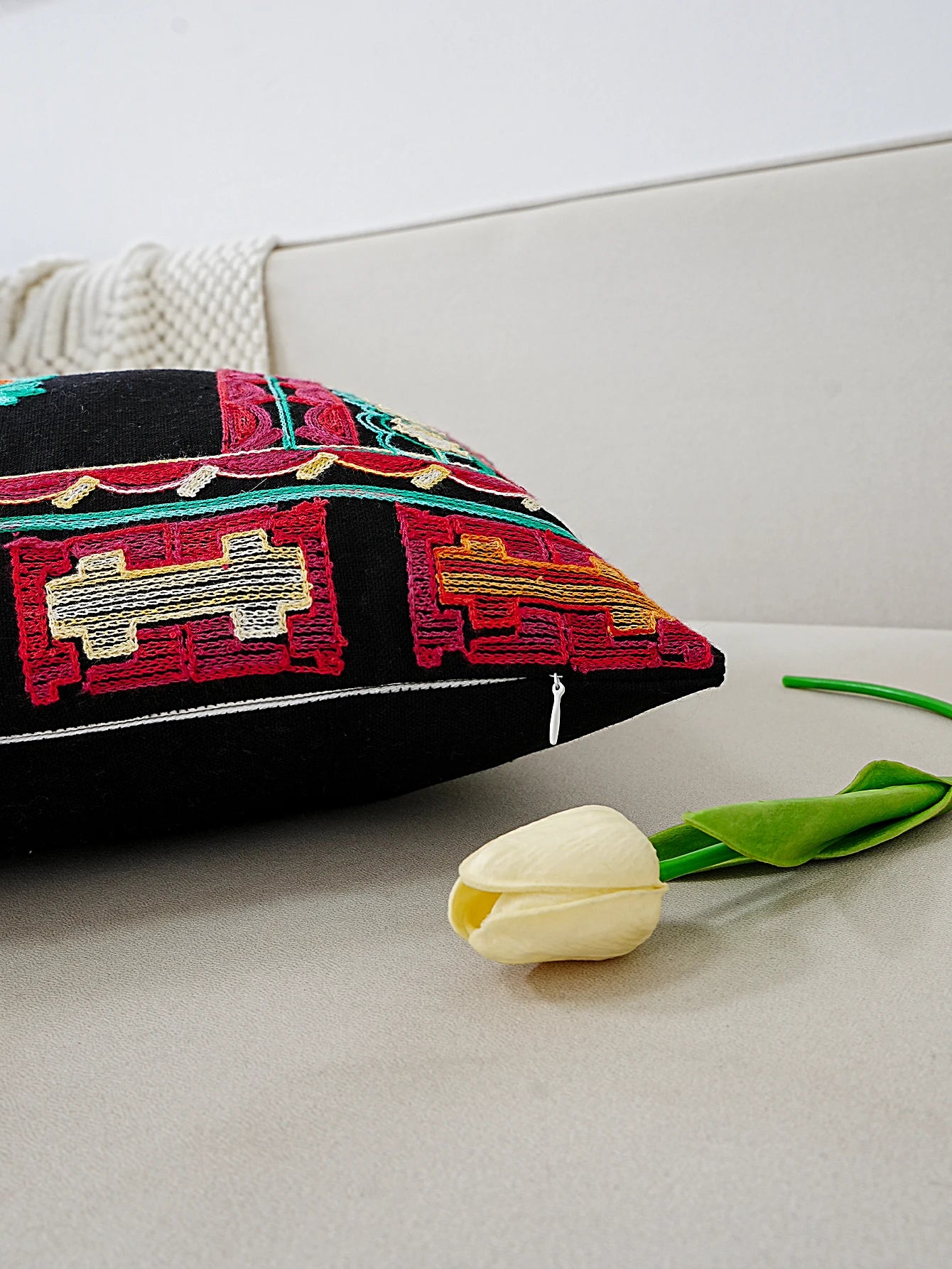 Black Cushion Cover With Colourful Ethnic Style Embroidery