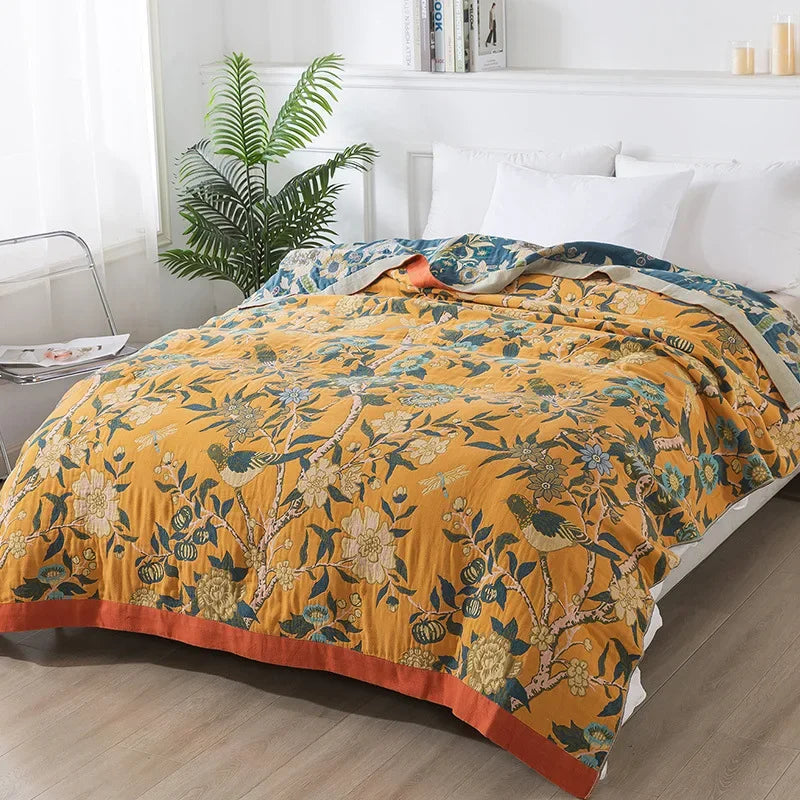 Yellow Retro Floral Bedspread / Sofathrow 100% Cotton - Kingsize & Queensize