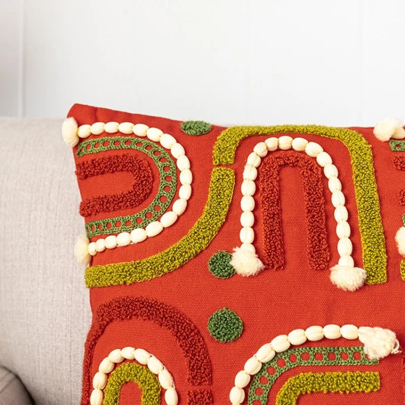 Boho Morroccan Tufted Embroidered Cushion Covers with Pompoms & Tassels