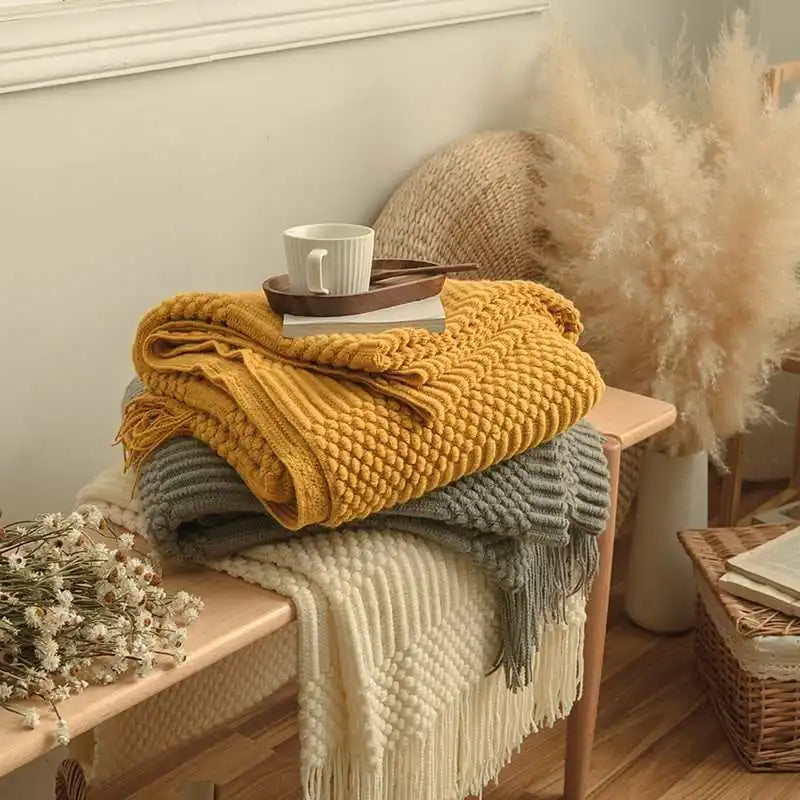 Knitted Blanket / Sofa Throw with Modern Pattern, Texture and Tassels