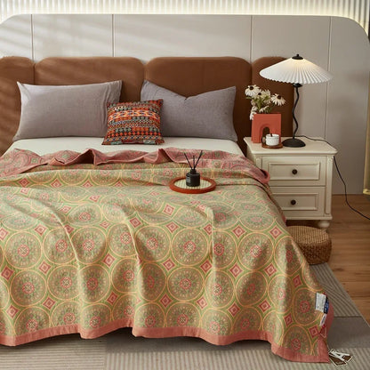Stylish Geometric Mandala Bedspread in Green, Pink & Yellow - King- & Queensize