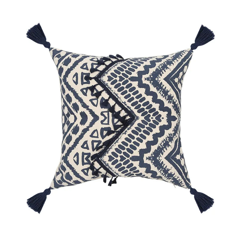 Navy & Cream Ethnic Geometric Print Cushion Covers with Tassles