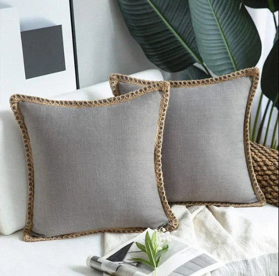 Grey Nordic Countryhouse Cushion Covers with Jute Decorated Edging