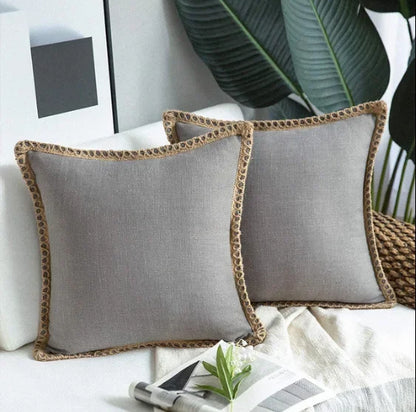 Grey Nordic Countryhouse Cushion Covers with Jute Decorated Edging