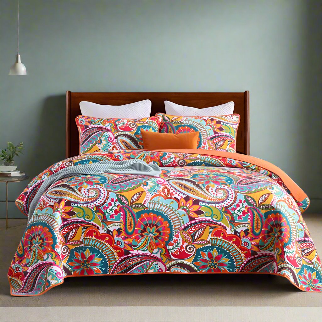 Colourful Quilted Paisley Cotton Bedspread - 3 Piece Set