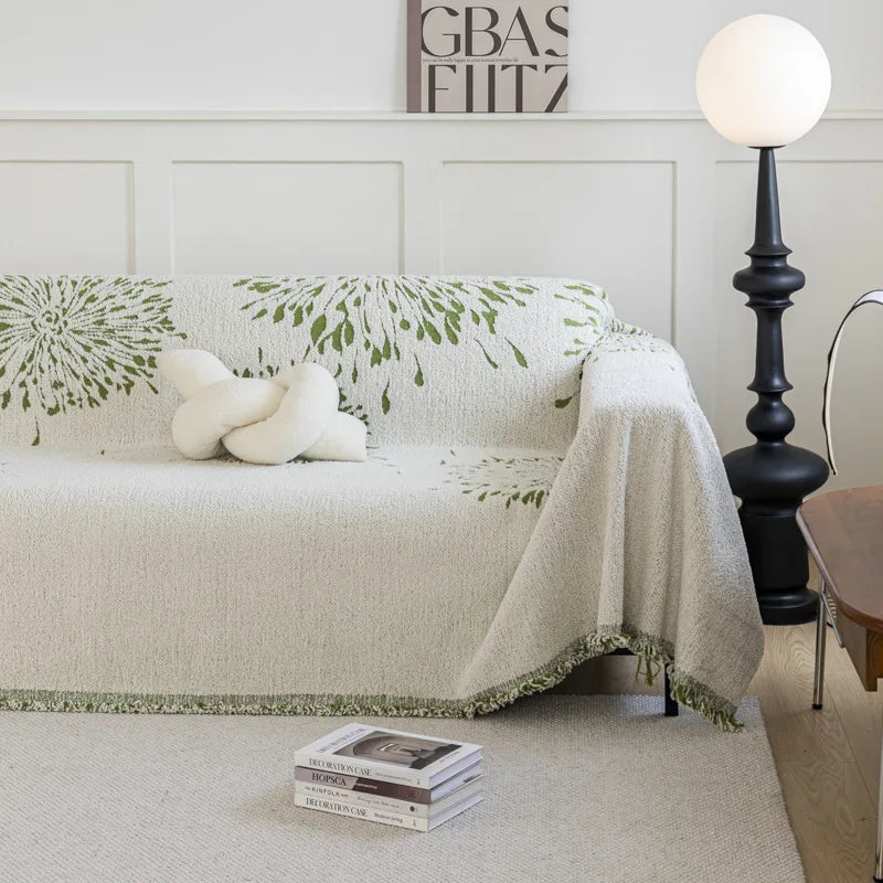 Green Cool Cream Sofa Throw / Bedthrow with Dandelion Patterns