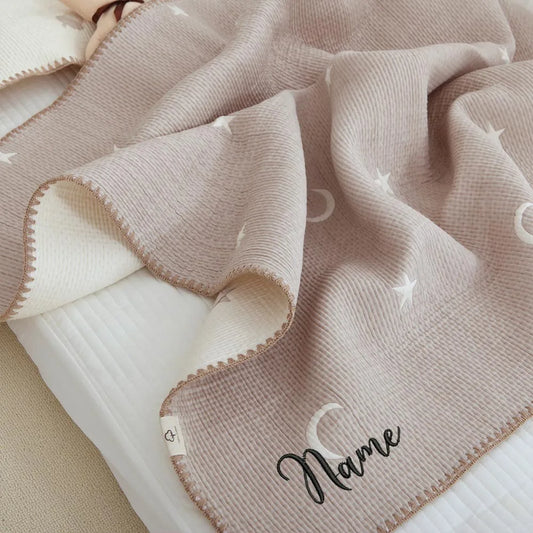 Beige Cute Personalized Baby Name Cotton Blankets with Star and Moon Patterns