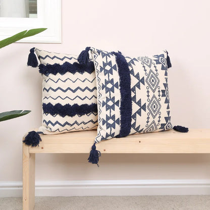 Navy & Cream Ethnic Geometric Print Cushion Covers with Tassles