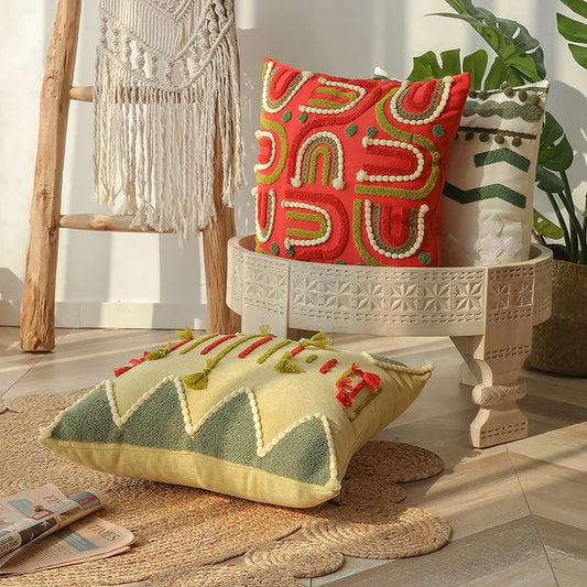 Boho Morroccan Tufted Embroidered Cushion Covers with Pompoms & Tassels