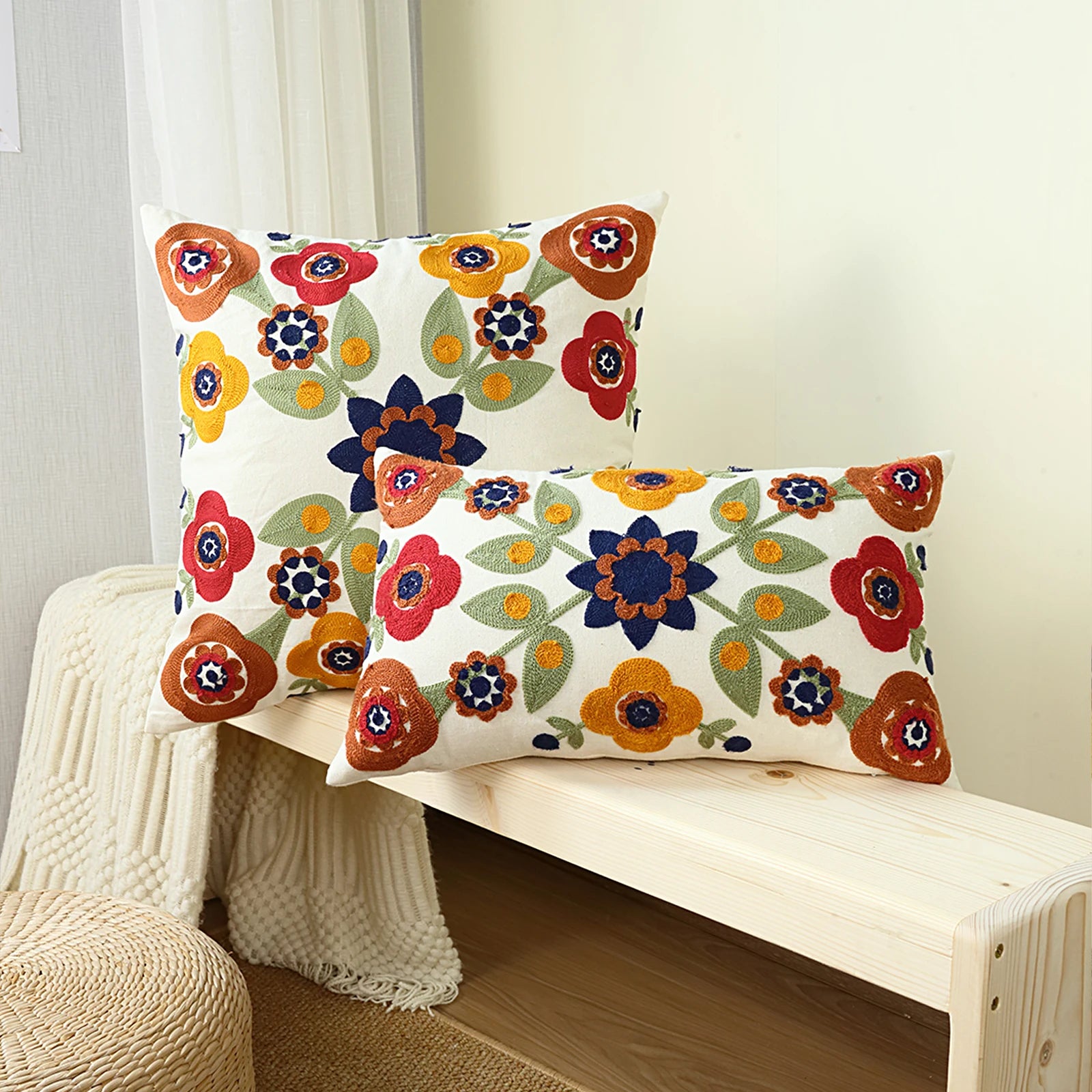 Bright Ethnic Floral Embroidered Cushion Covers - 3 Sizes