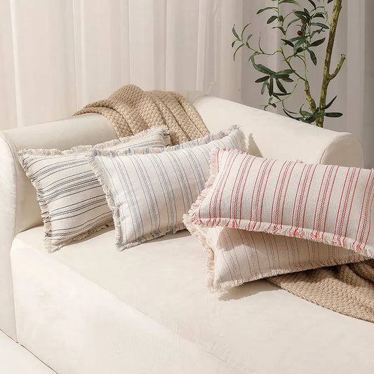 Boho Vintage Style Striped Cushion Covers on Cream Fabric - 12in x 20in (30cm x 50cm)