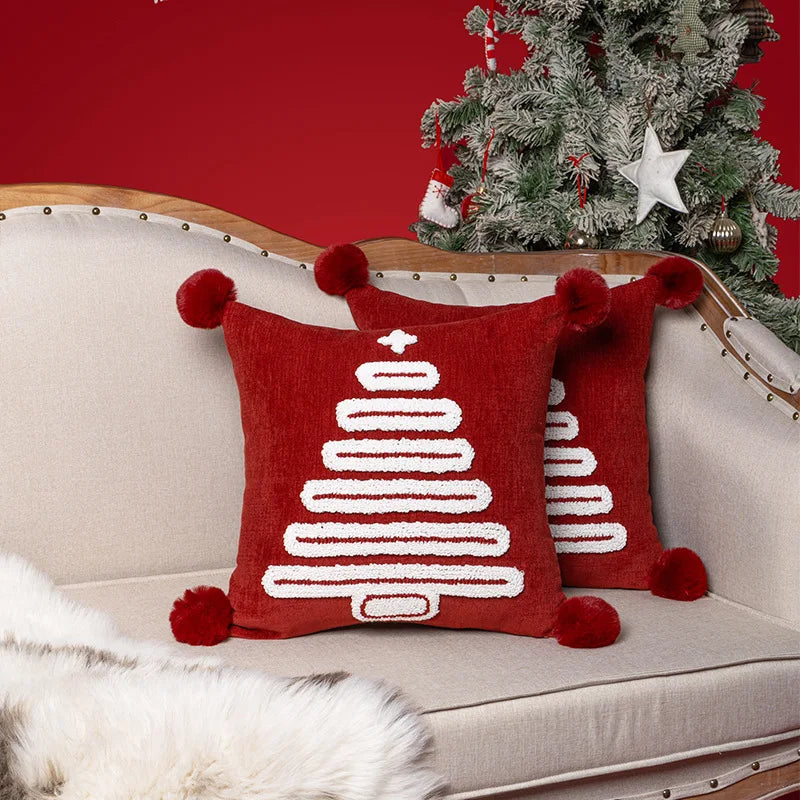 Red Tufted Geometric Christmas Tree Cushion Covers with PomPoms - 18in x 18in