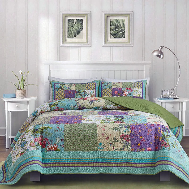 Green Vintage Style Patchwork 100% Cotton 3 Piece Bedspread Set