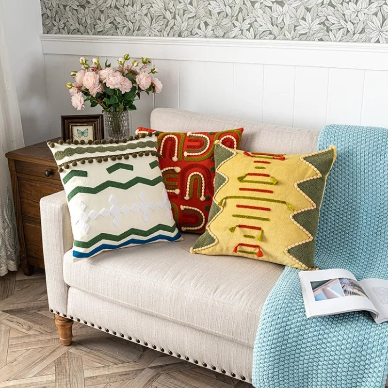 Boho Morroccan Tufted Embroidered Cushion Covers with Pompoms & Tassels