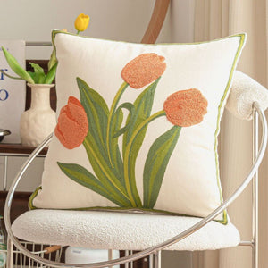 Beautiful Embroidered & Tufted Tulip Cushion Covers - Orange