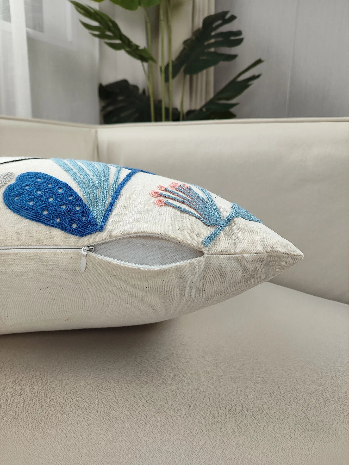 Pink and Blue Bird and Flowers Embroidered Cushion Covers - 3 Sizes